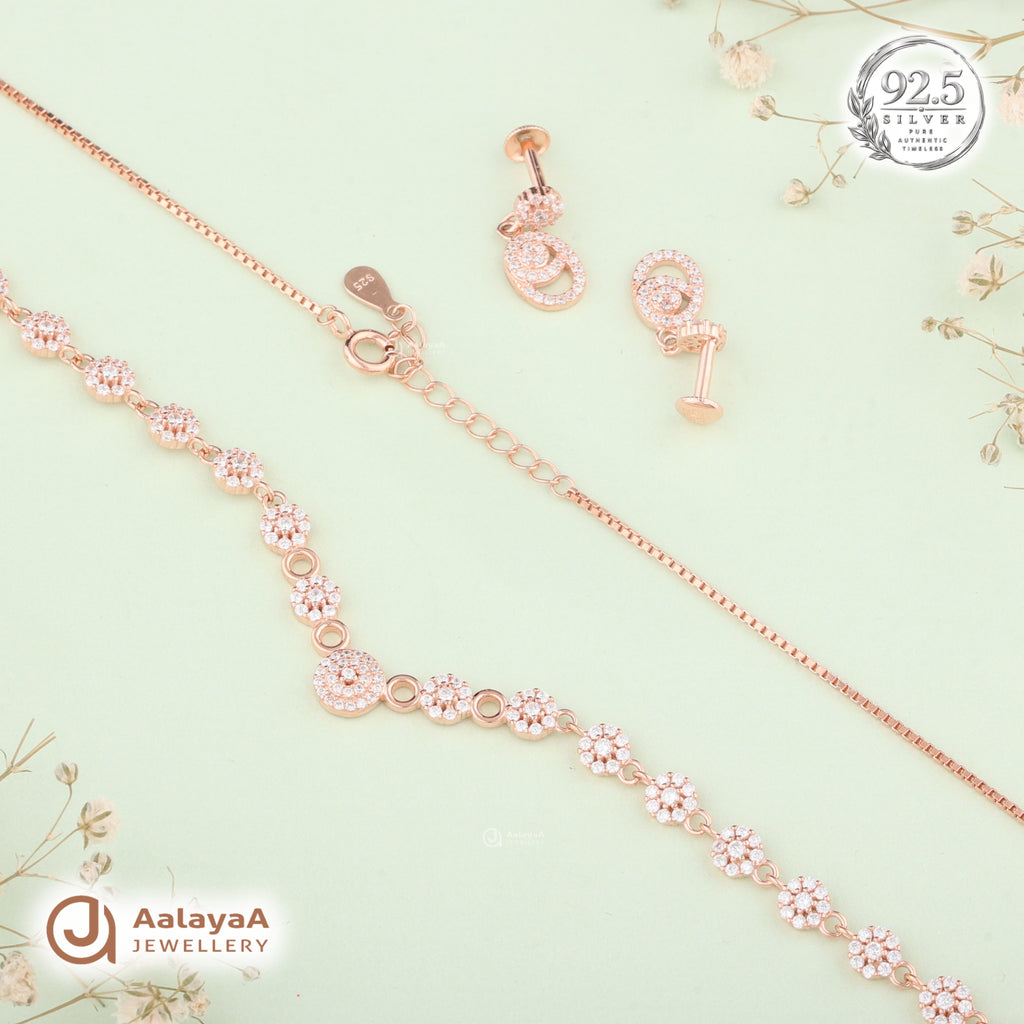 Silver Rose Gold Miraya Halo Necklace Set