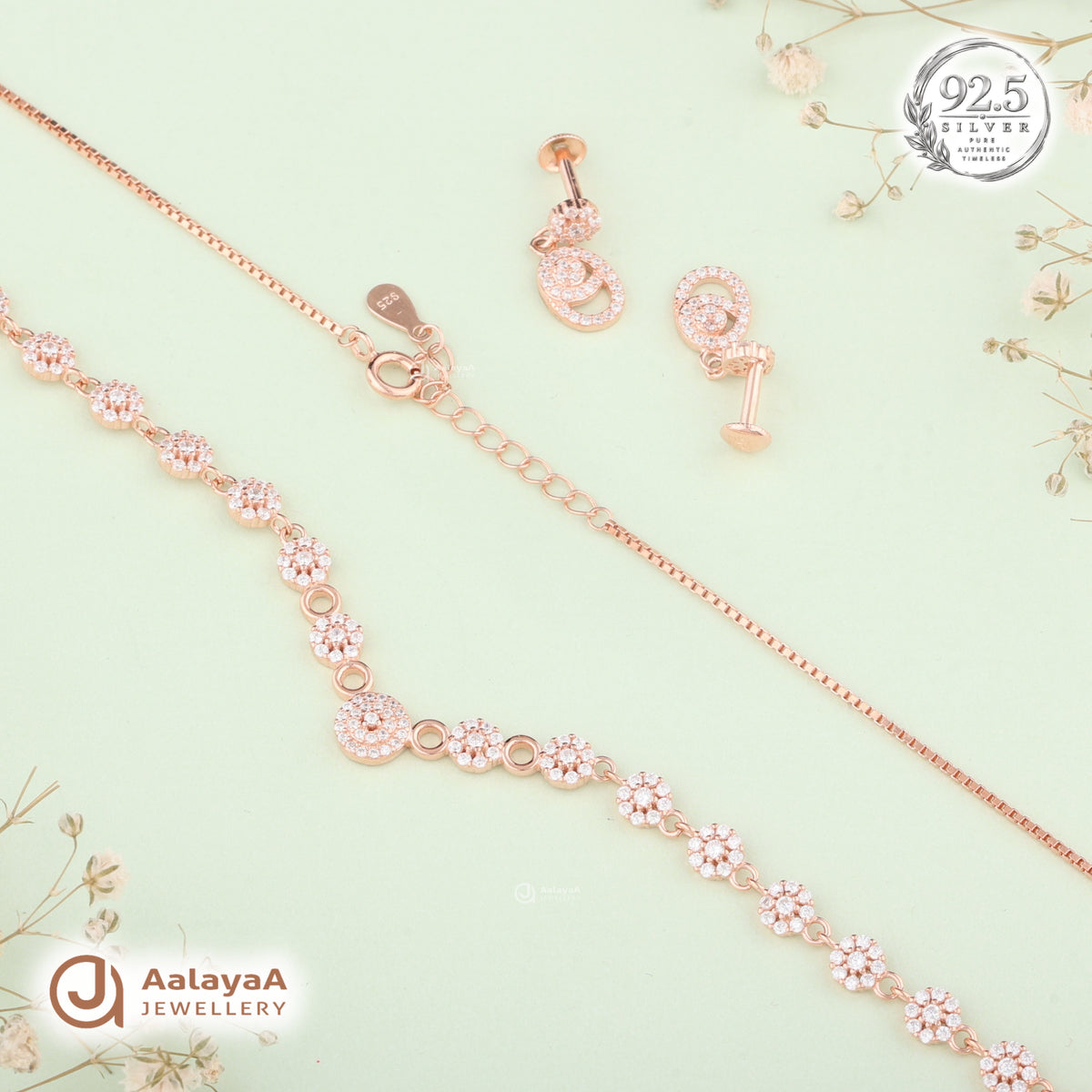 Silver Rose Gold Miraya Halo Necklace Set