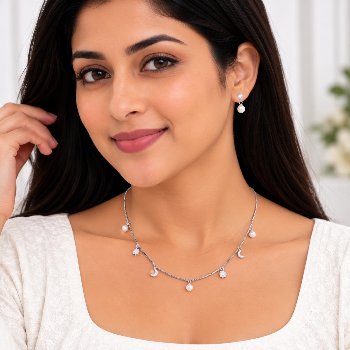 Silver Moonlight Pearl Necklace Set