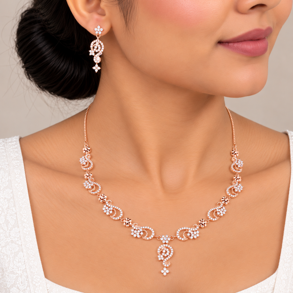 Silver Rose Gold Zareena Paisley Necklace Set