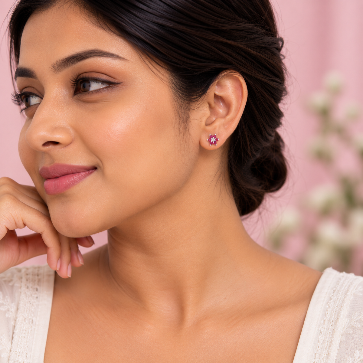 Silver Ruby Flower Earring