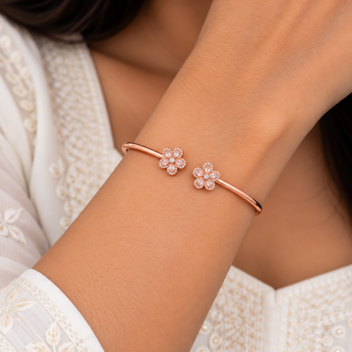 Silver Rosegold Crystal Flower Kada