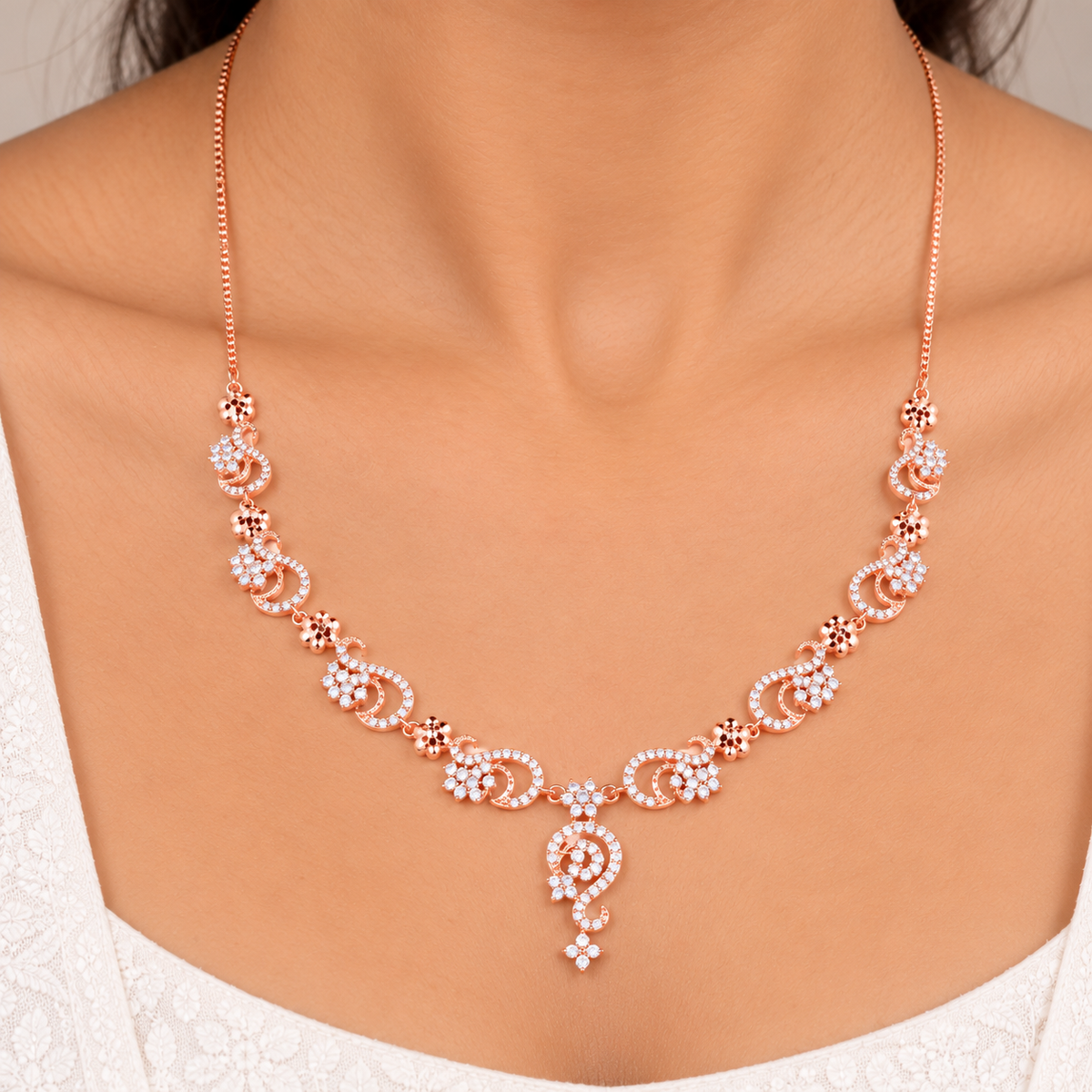 Silver Rose Gold Zareena Paisley Necklace Set