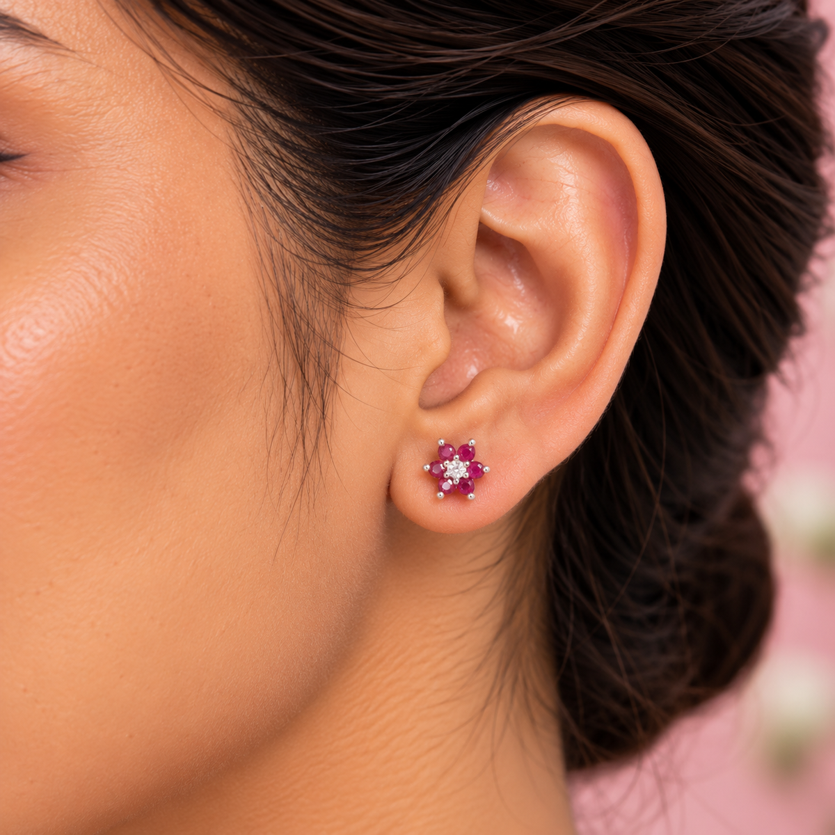 Silver Ruby Flower Earring
