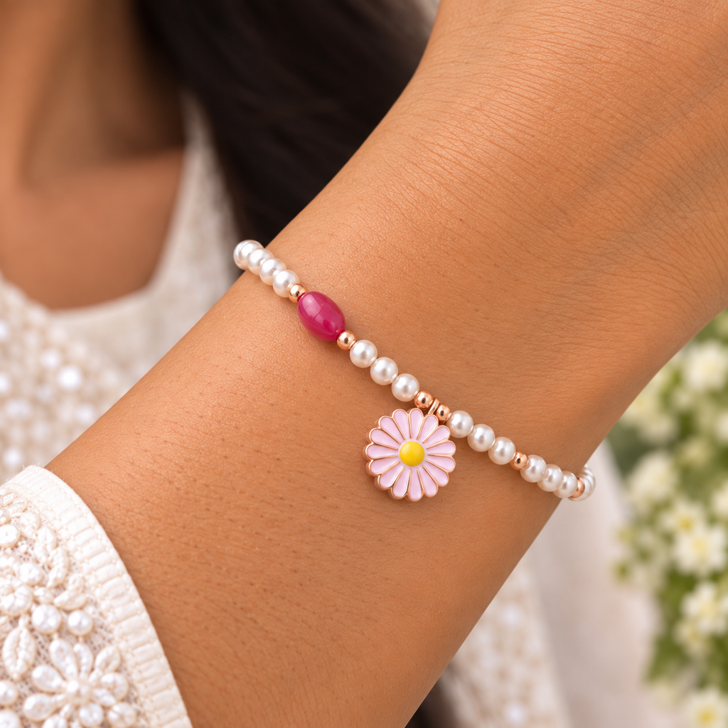 Silver Rosegold Daisy Pearl Bracelet