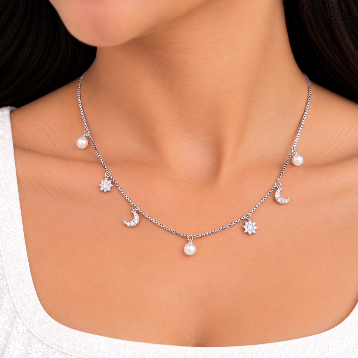 Silver Moonlight Pearl Necklace Set