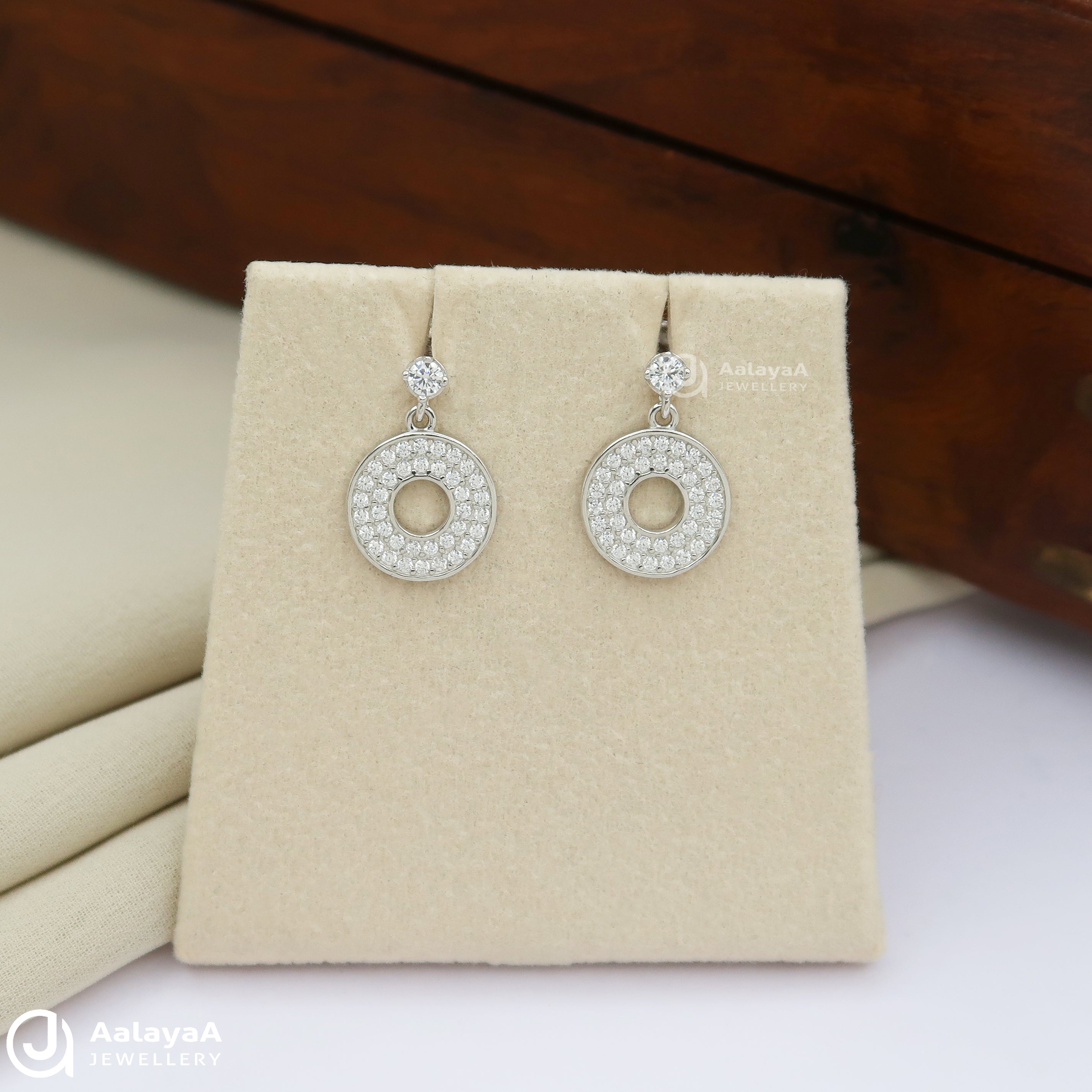 Circular CS Stone Silver Drop Earrings
