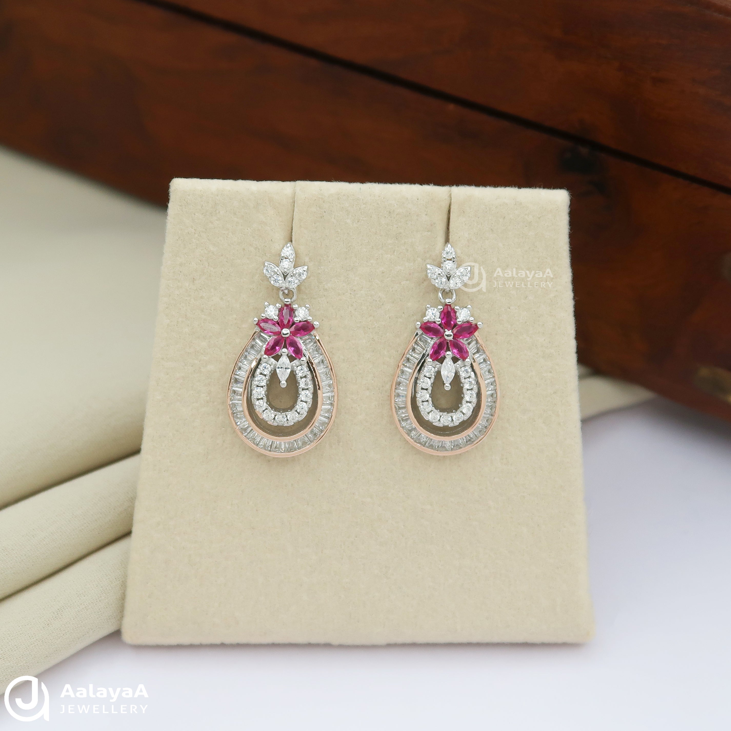 Oval Pink Floral Silver Drop Earrings