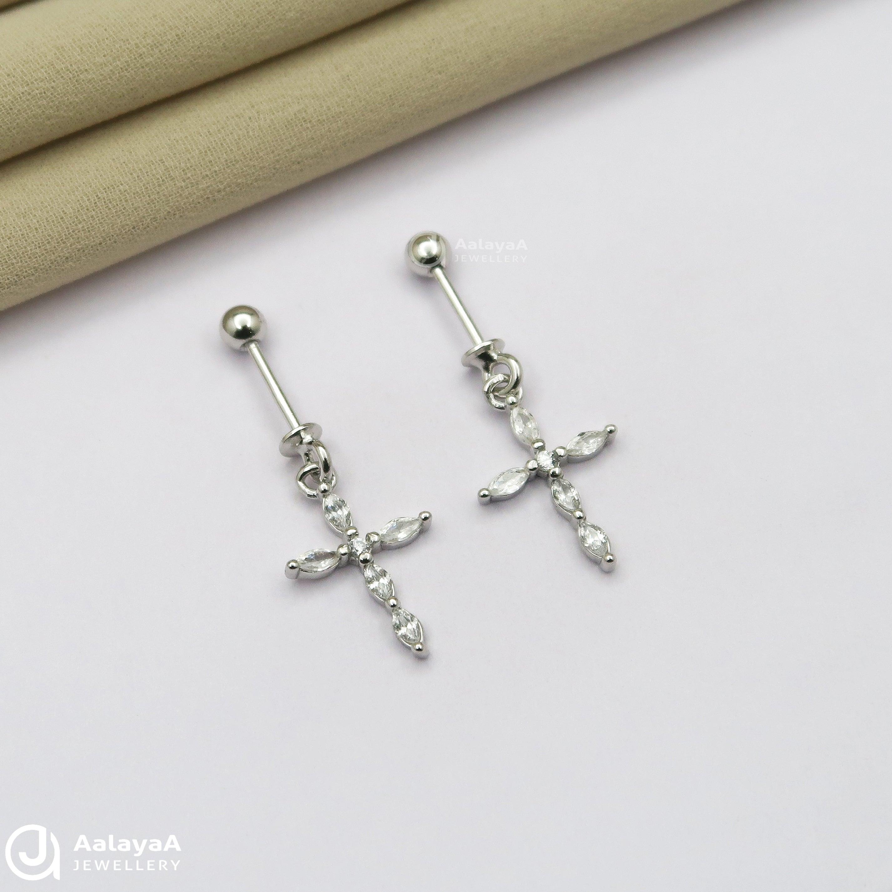 Silver Cross Dangle Barbell Buguette