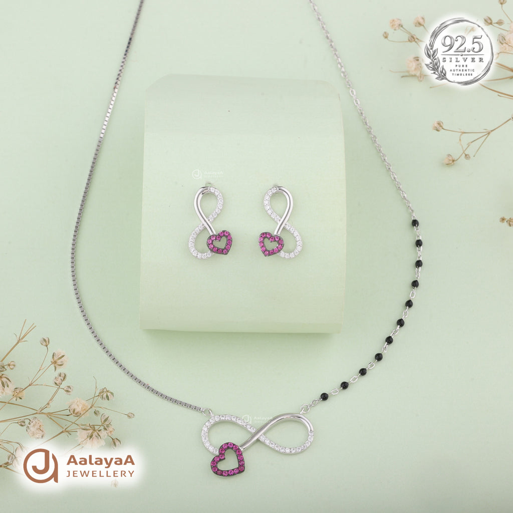 Silver Pink Infinity Heart Necklace Set