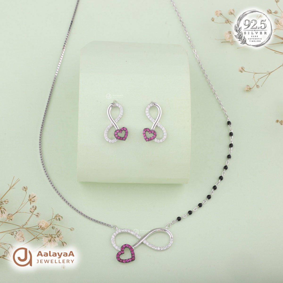 Silver Pink Infinity Heart Necklace Set