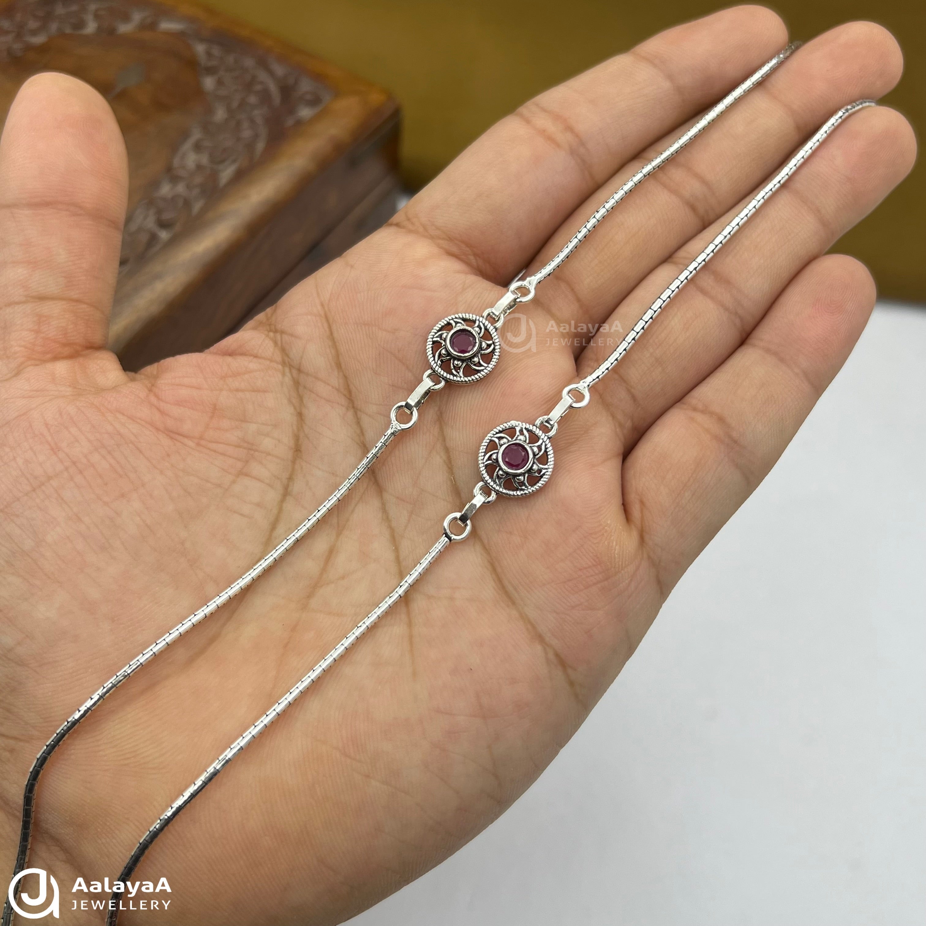 Silver Antique Raktima Mandala Anklet with Red Stone