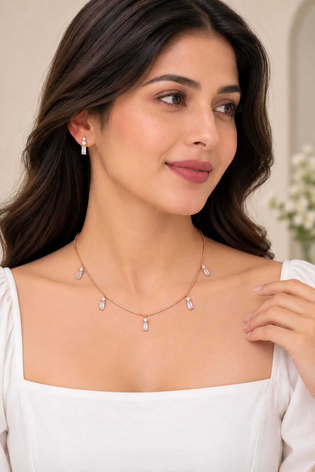 Silver Rosegold Celeste Baguette Drop Necklace Set