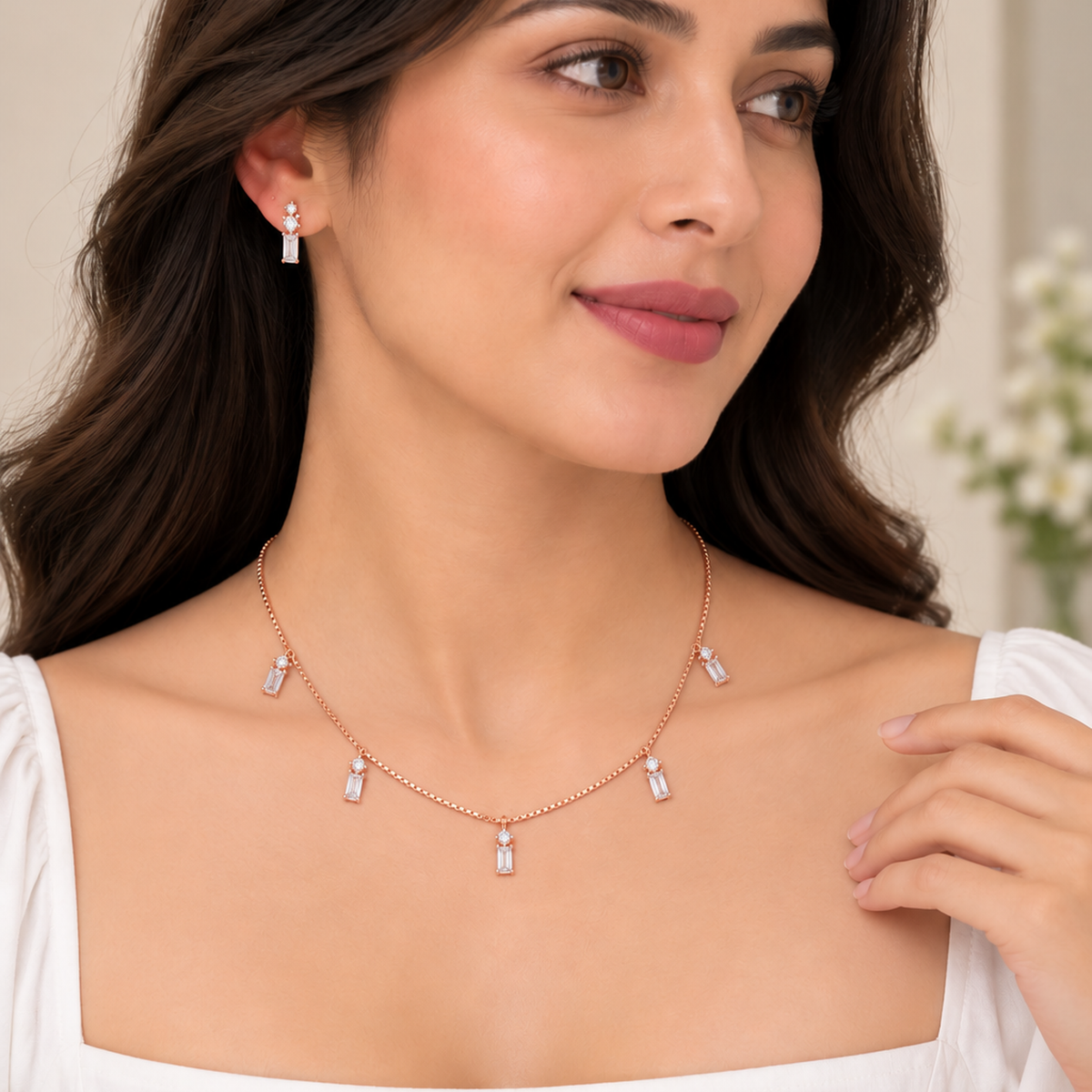 Silver Rosegold Celeste Baguette Drop Necklace Set