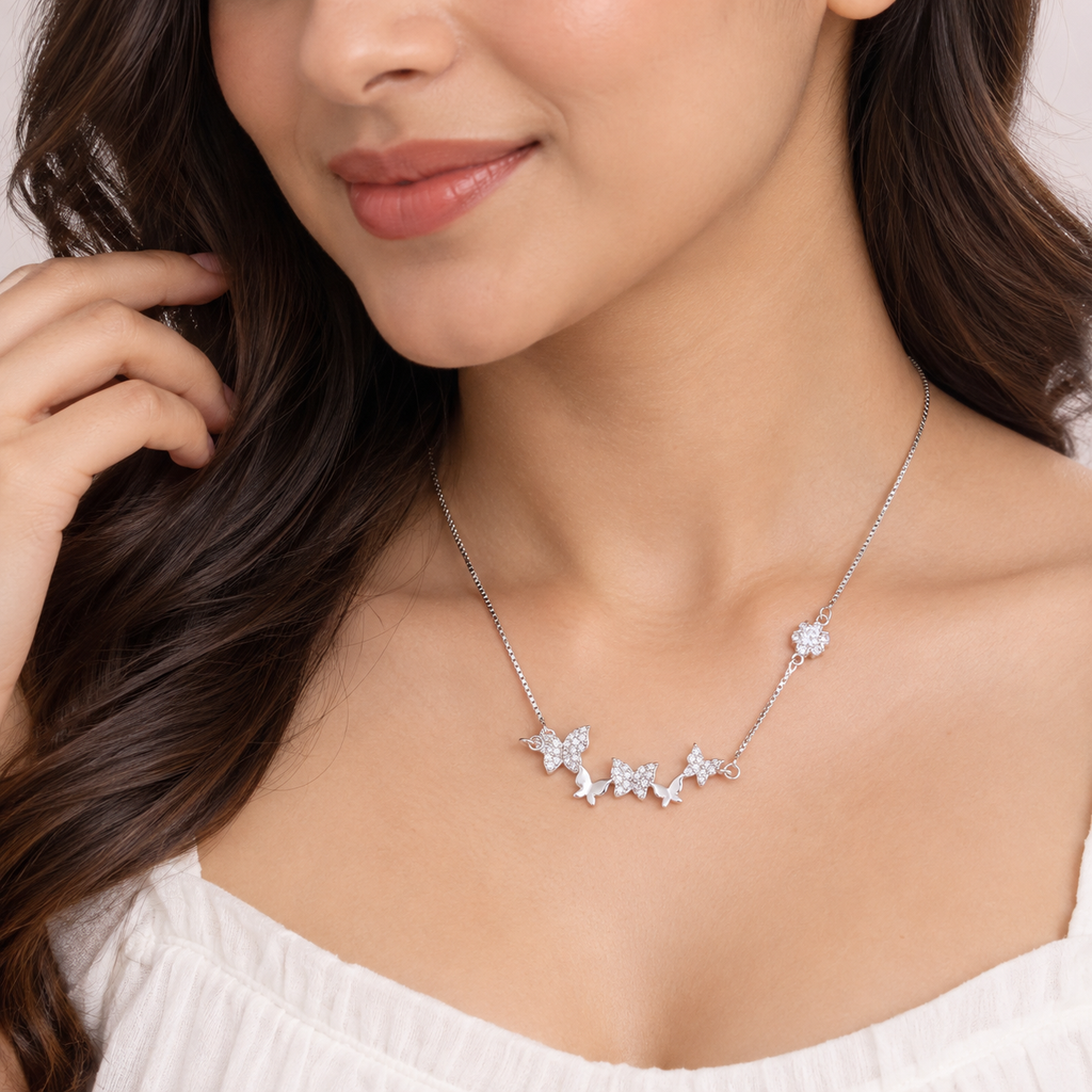 Silver Sparkling Butterfly Garden Chain Pendant