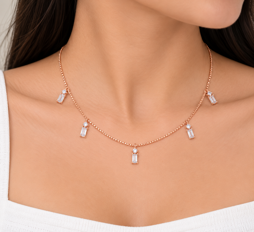 Silver Rosegold Celeste Baguette Drop Necklace Set