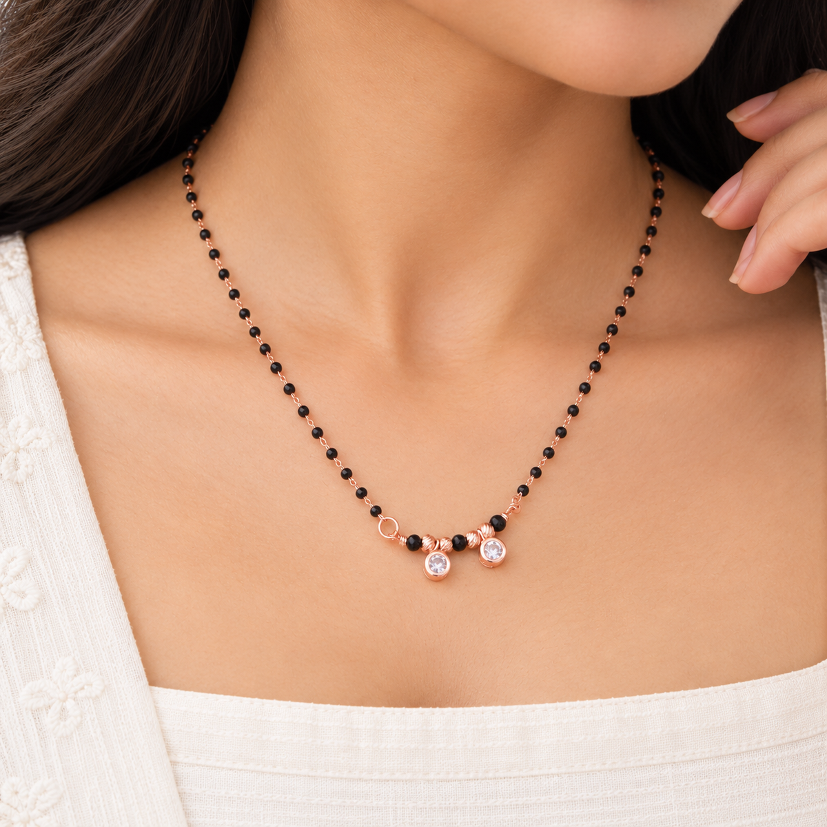 Silver Rosegold Twin Spark Black Bead Chain Pendant