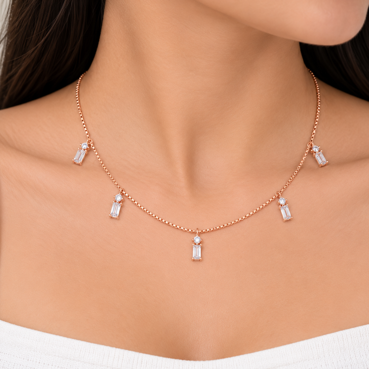 Silver Rosegold Celeste Baguette Drop Necklace Set
