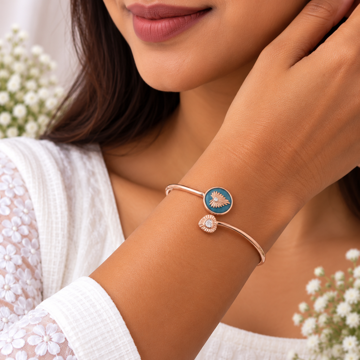 Silver Rosegold Blue Heart Bloom Kada