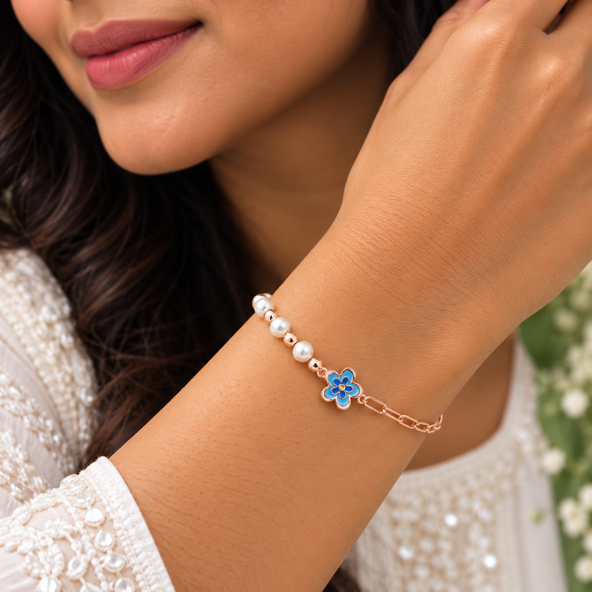 Silver Rosegold Blue Blossom Pearl Bracelet