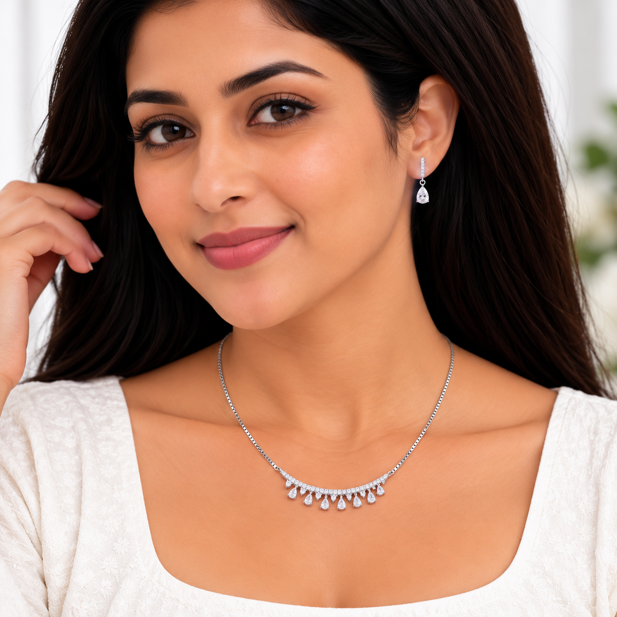 Silver Crystal Dewdrop Necklace Set