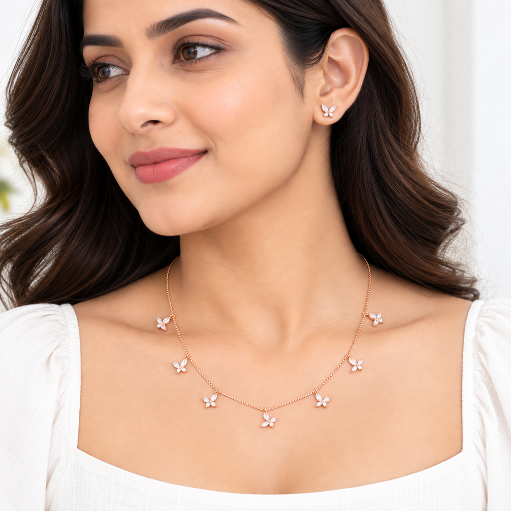 Silver RoseGold Aurelia Butterfly Necklace Set