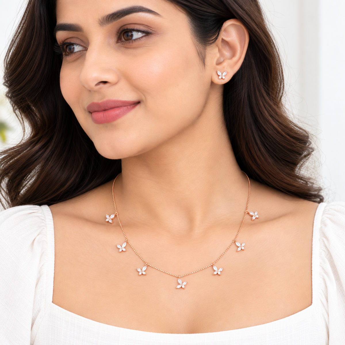 Silver RoseGold Aurelia Butterfly Necklace Set