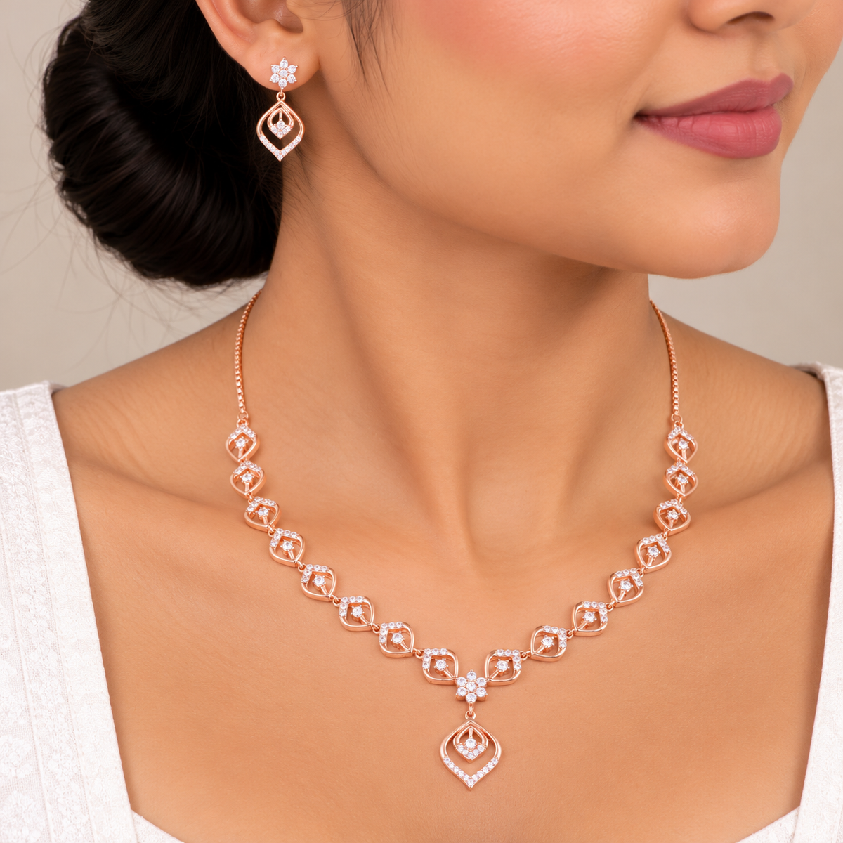 Silver Rose Gold Isadora Diamond Leaf Necklace Set