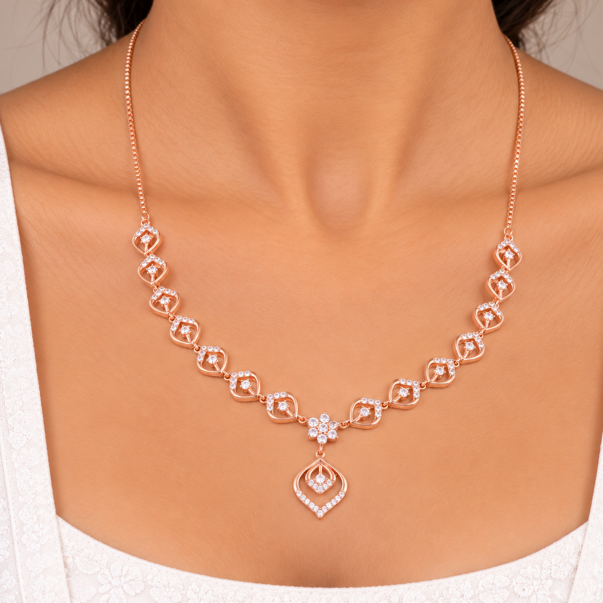 Silver Rose Gold Isadora Diamond Leaf Necklace Set