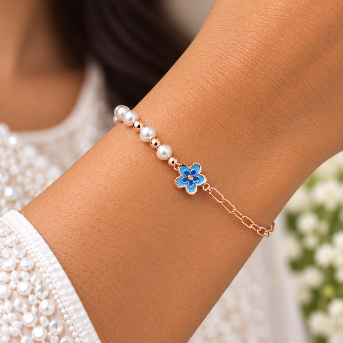 Silver Rosegold Blue Blossom Pearl Bracelet