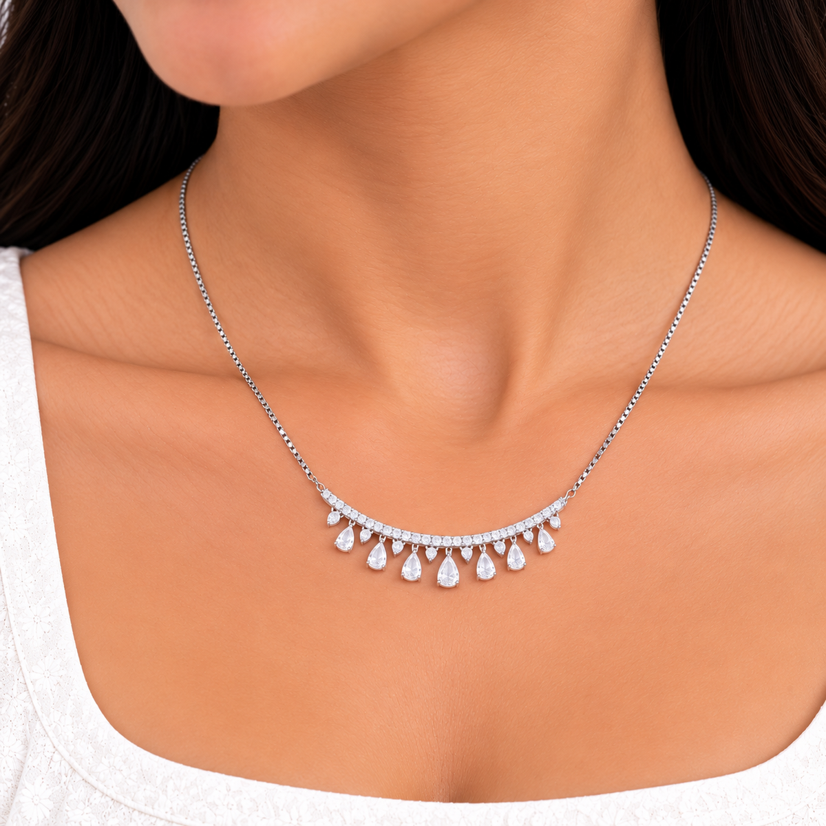 Silver Crystal Dewdrop Necklace Set