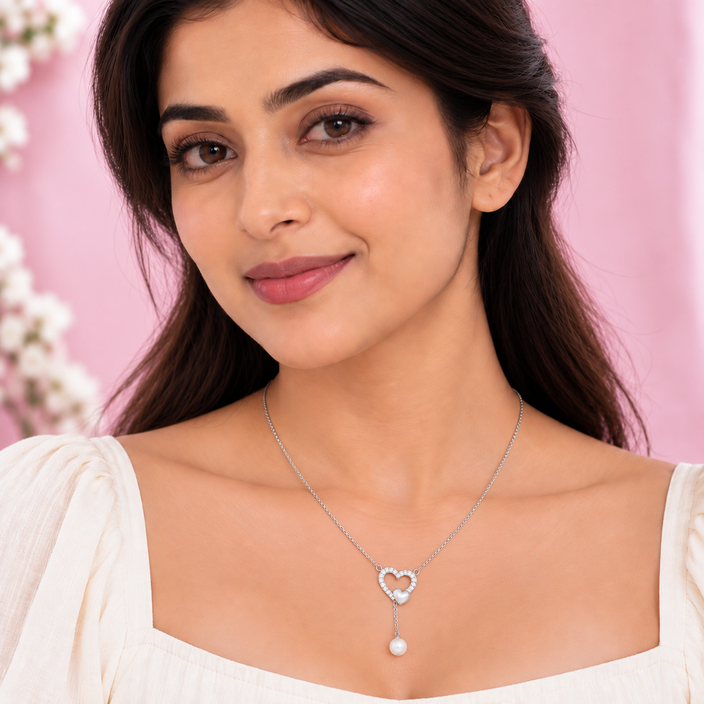 Silver Heart Lock Pearl Chain Pendant