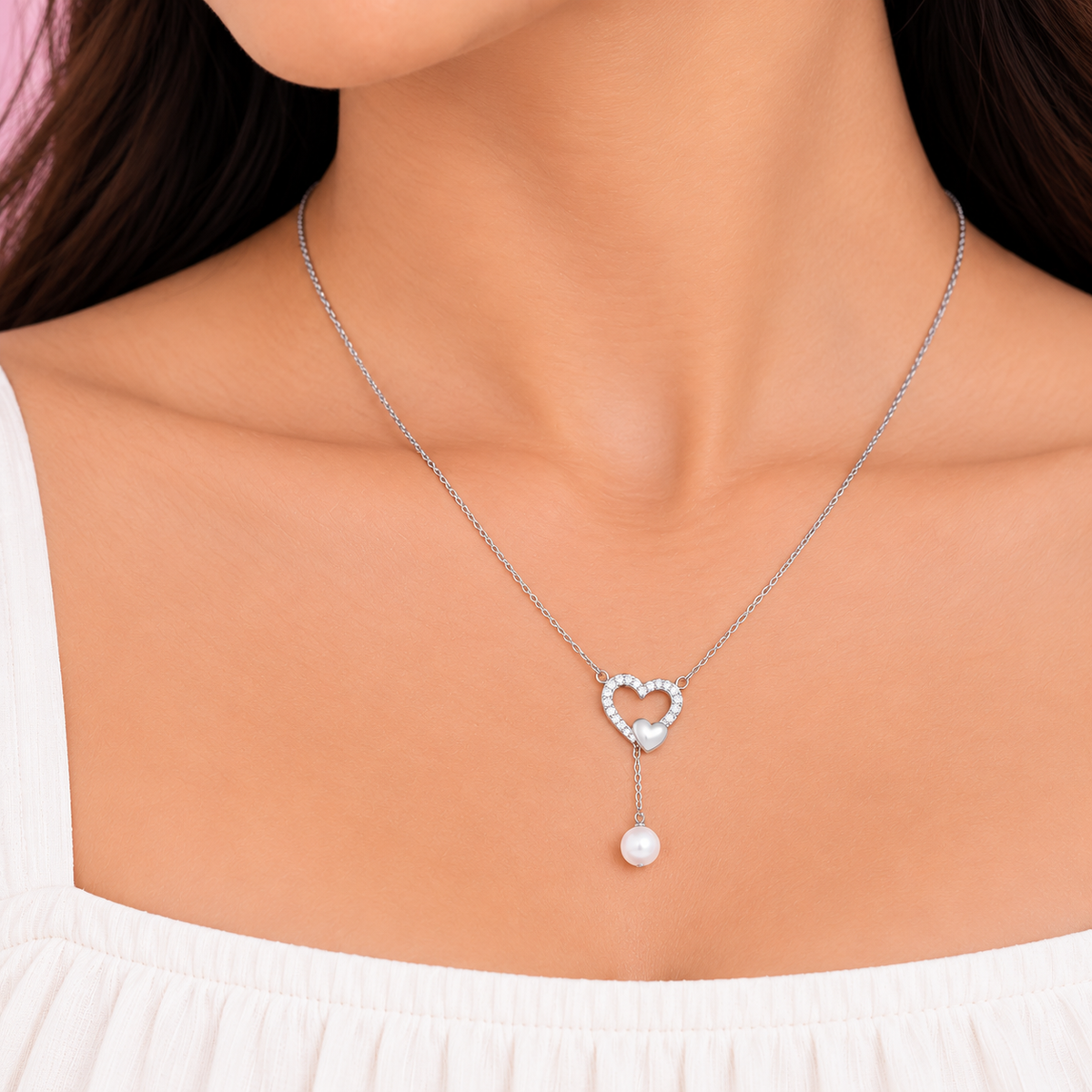 Silver Heart Lock Pearl Chain Pendant