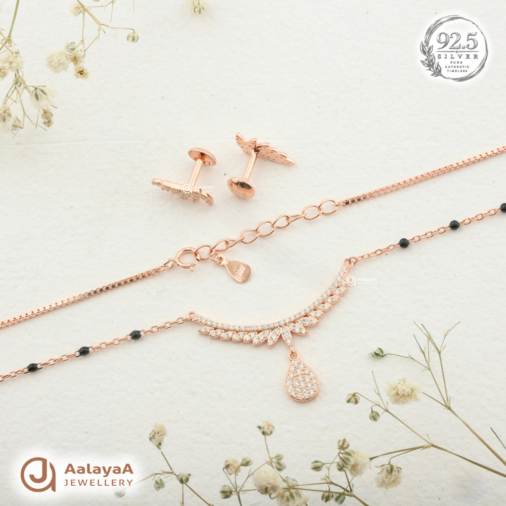 Silver Rosegold Angel Wing Teardrop Necklace Set
