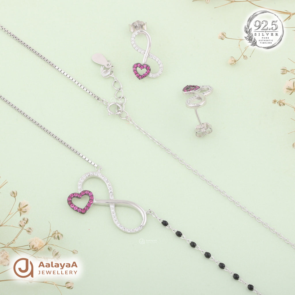 Silver Pink Infinity Heart Necklace Set