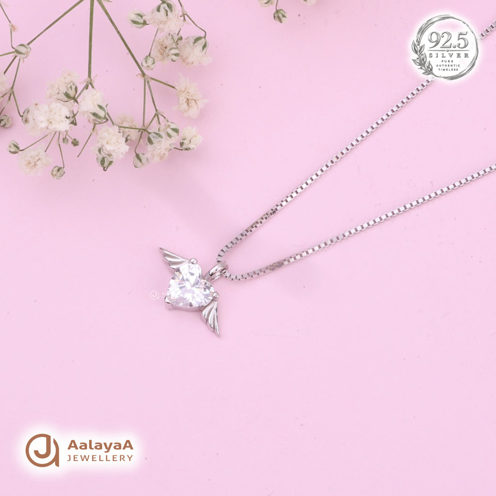 Silver Angel Wing Heart Chain Pendant