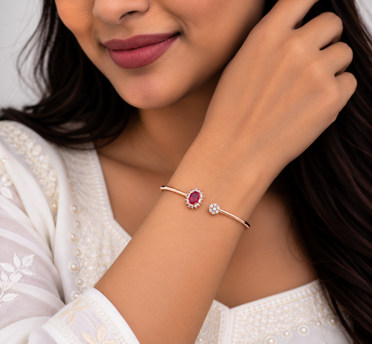 Silver Rosegold Ruby Halo Kada