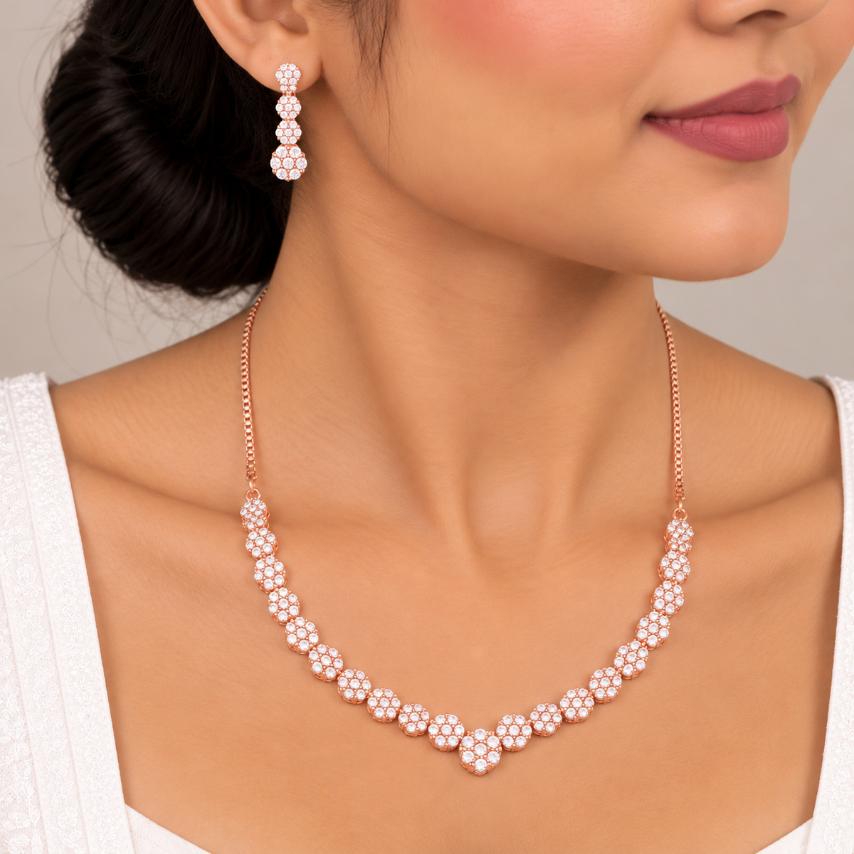 Silver Rose Gold Lumina Cluster Necklace Set