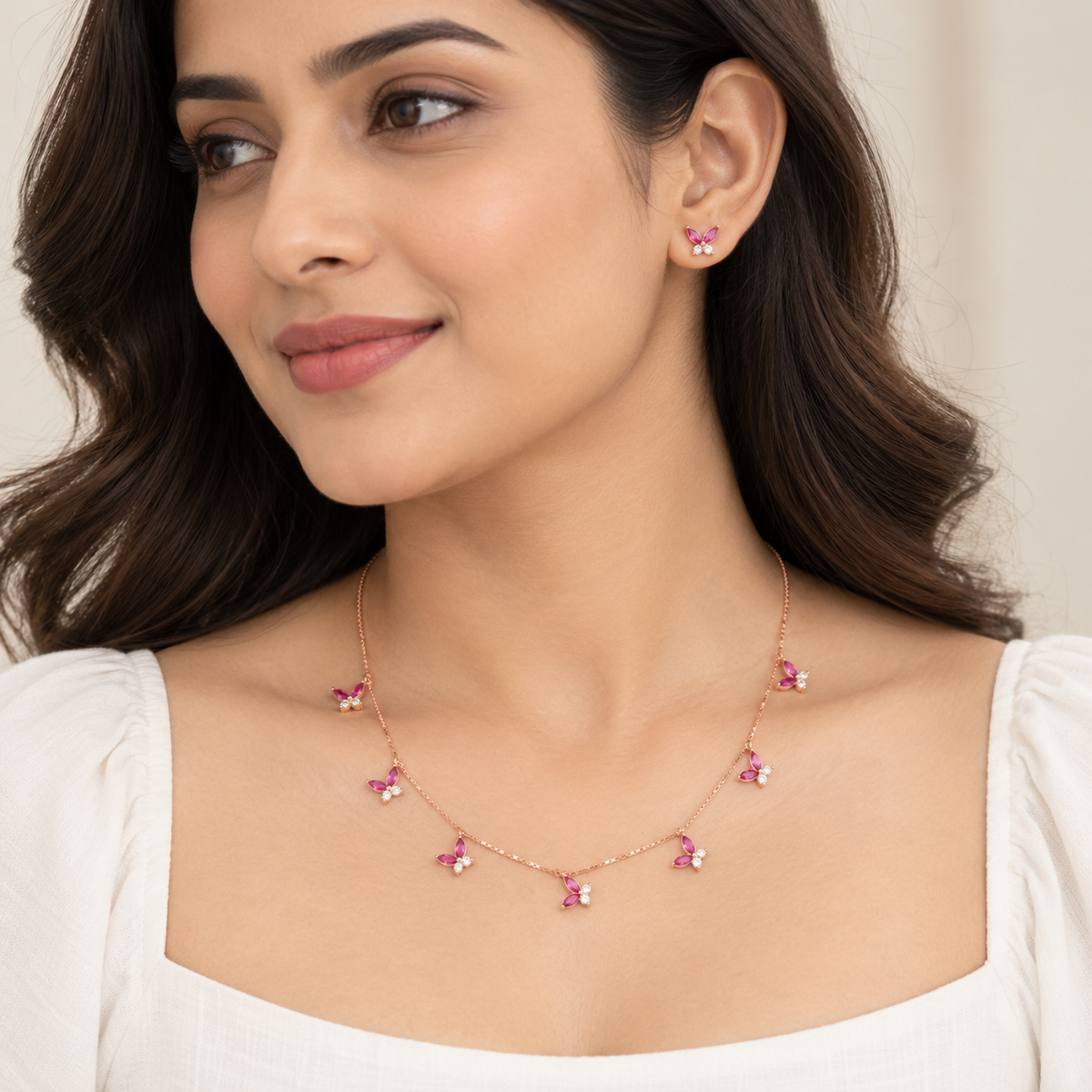 Silver RoseGold Roselle Pink Butterfly Necklace Set