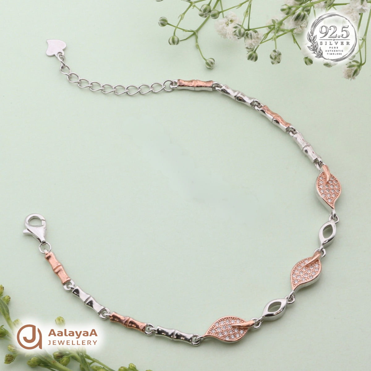 Silver Rosegold Crystal Leaf Bracelet