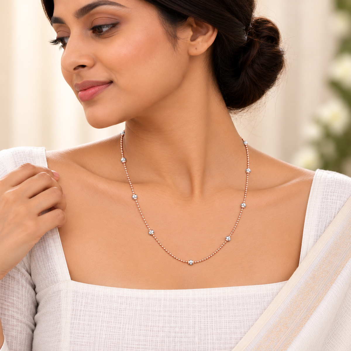Silver Rosegold Swirl Bead Station Chain
