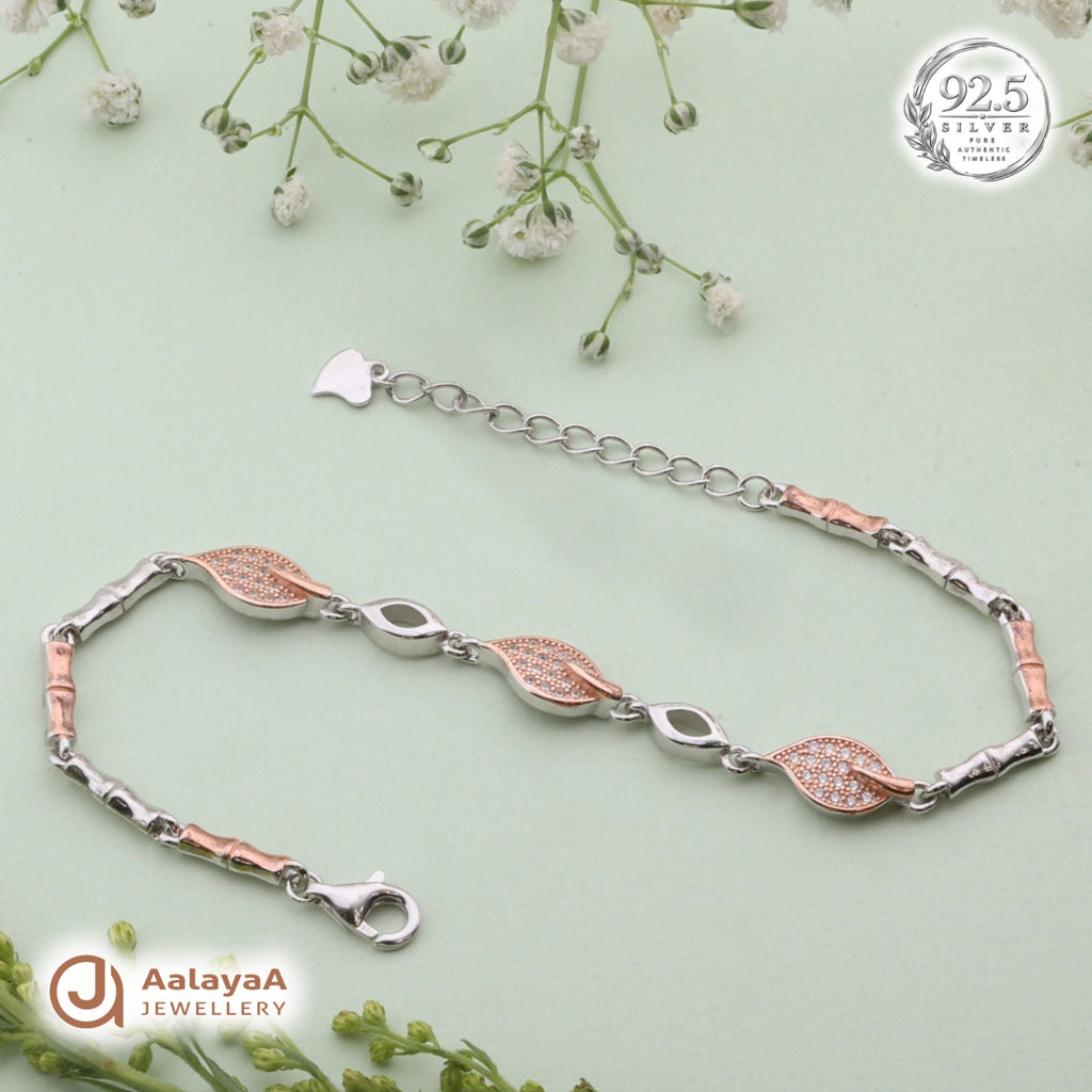 Silver Rosegold Crystal Leaf Bracelet