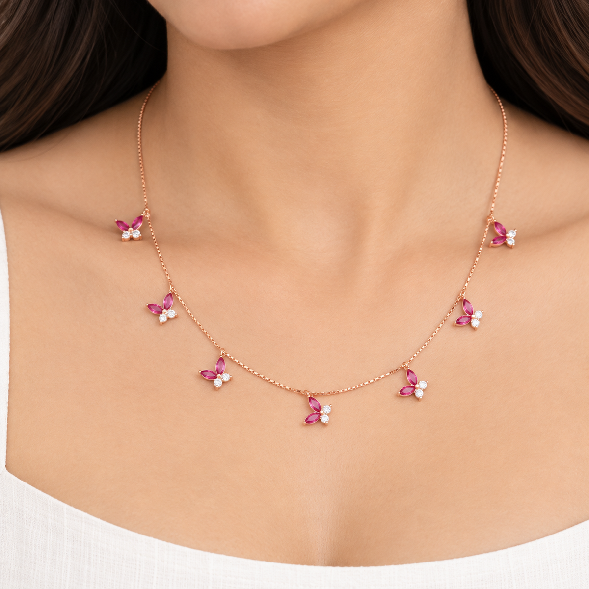 Silver RoseGold Roselle Pink Butterfly Necklace Set