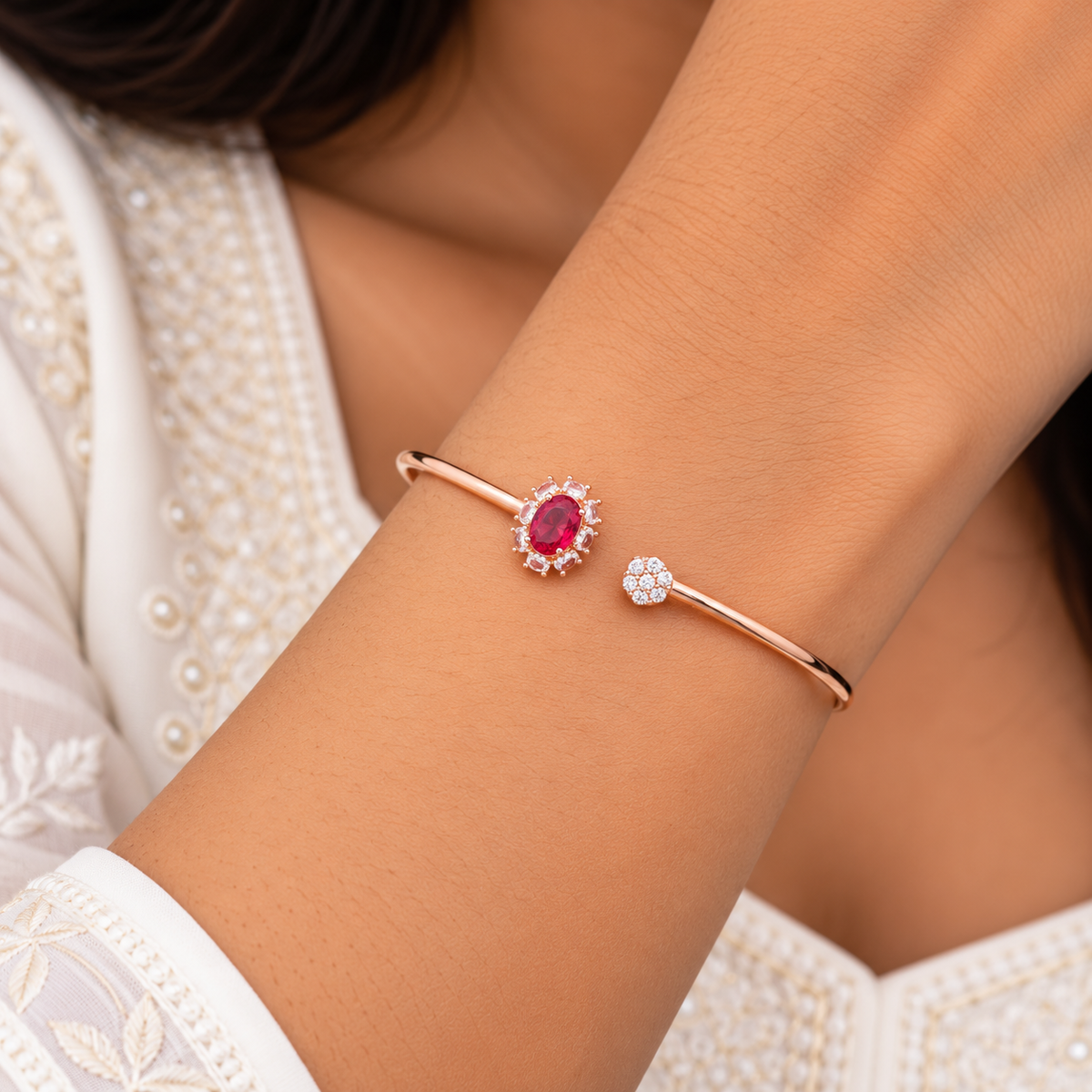Silver Rosegold Ruby Halo Kada