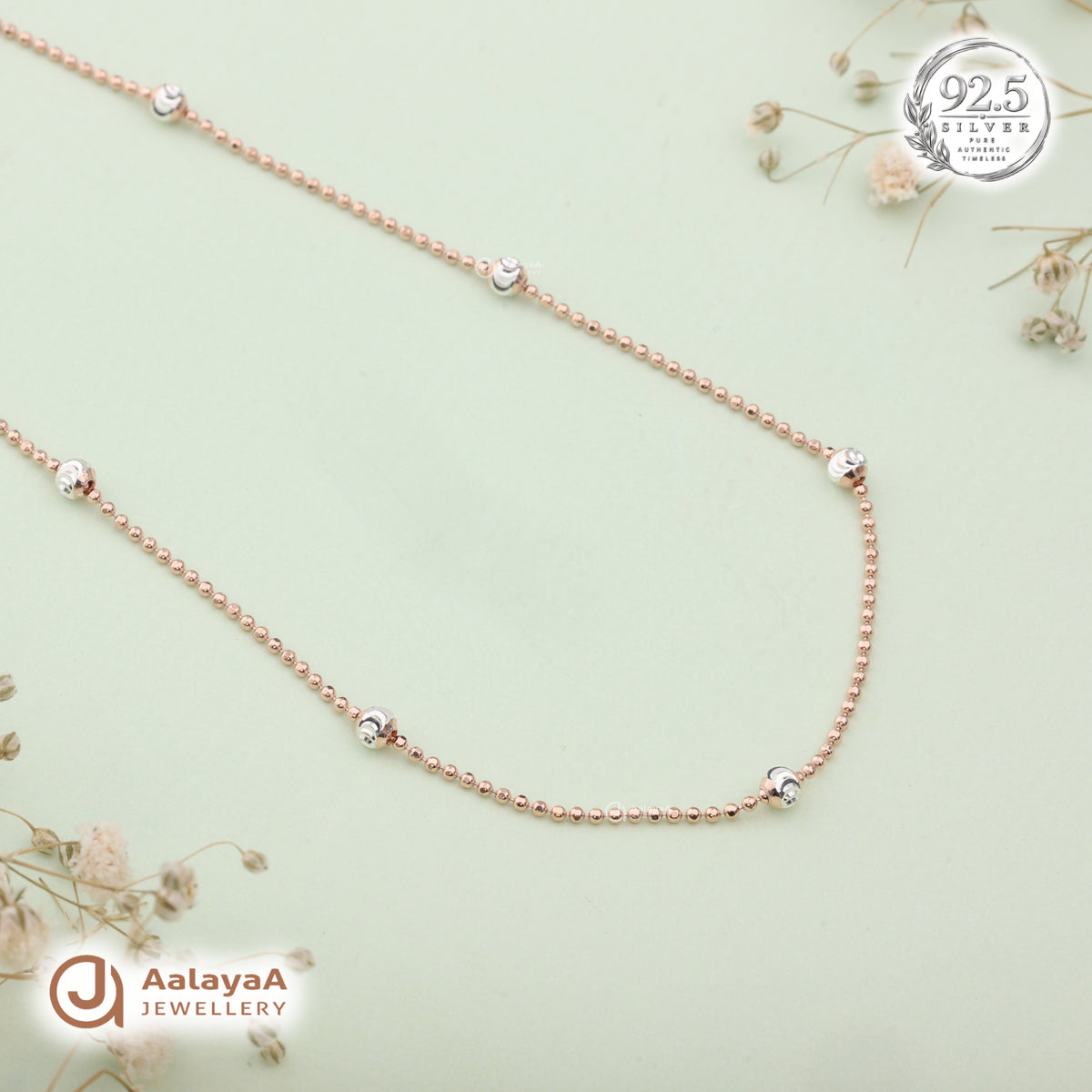 Silver Rosegold Swirl Bead Station Chain