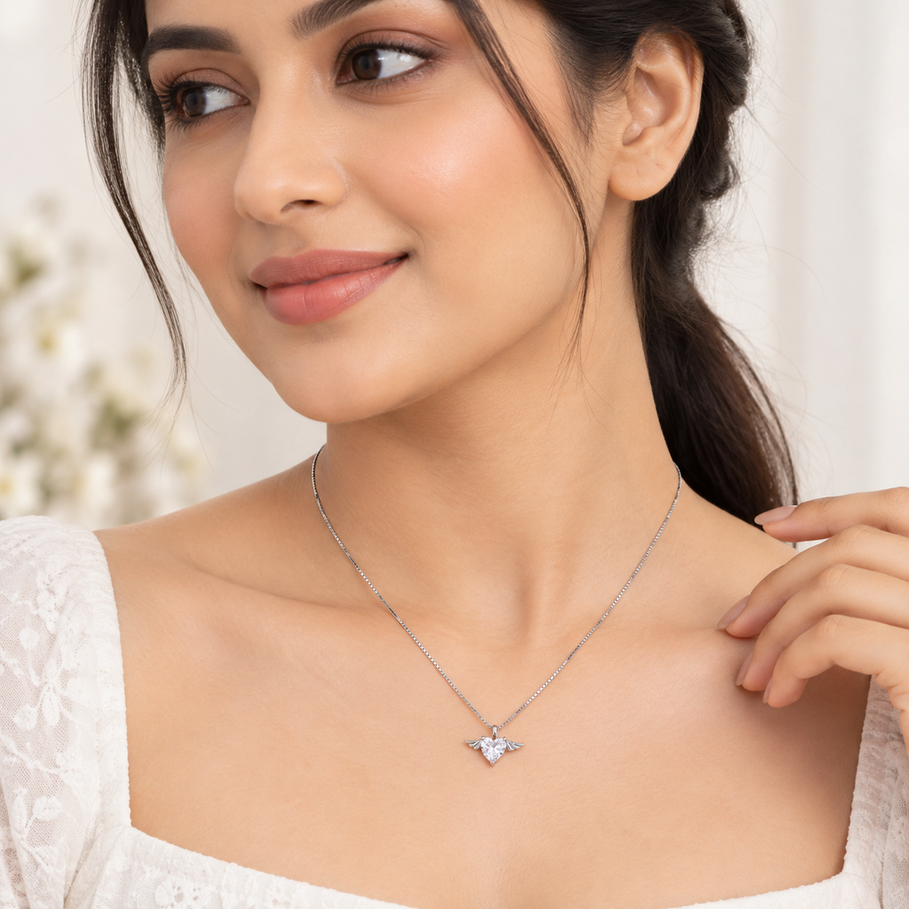 Silver Angel Wing Heart Chain Pendant