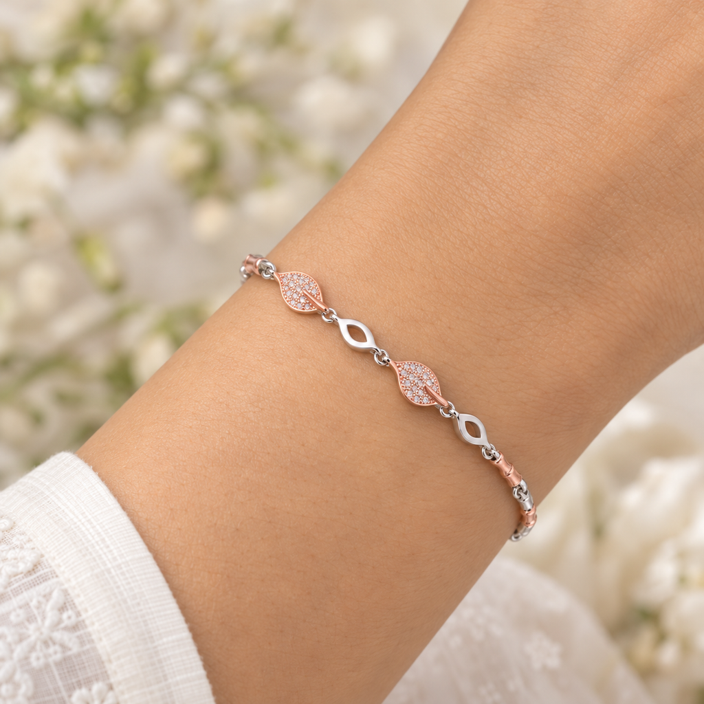 Silver Rosegold Crystal Leaf Bracelet