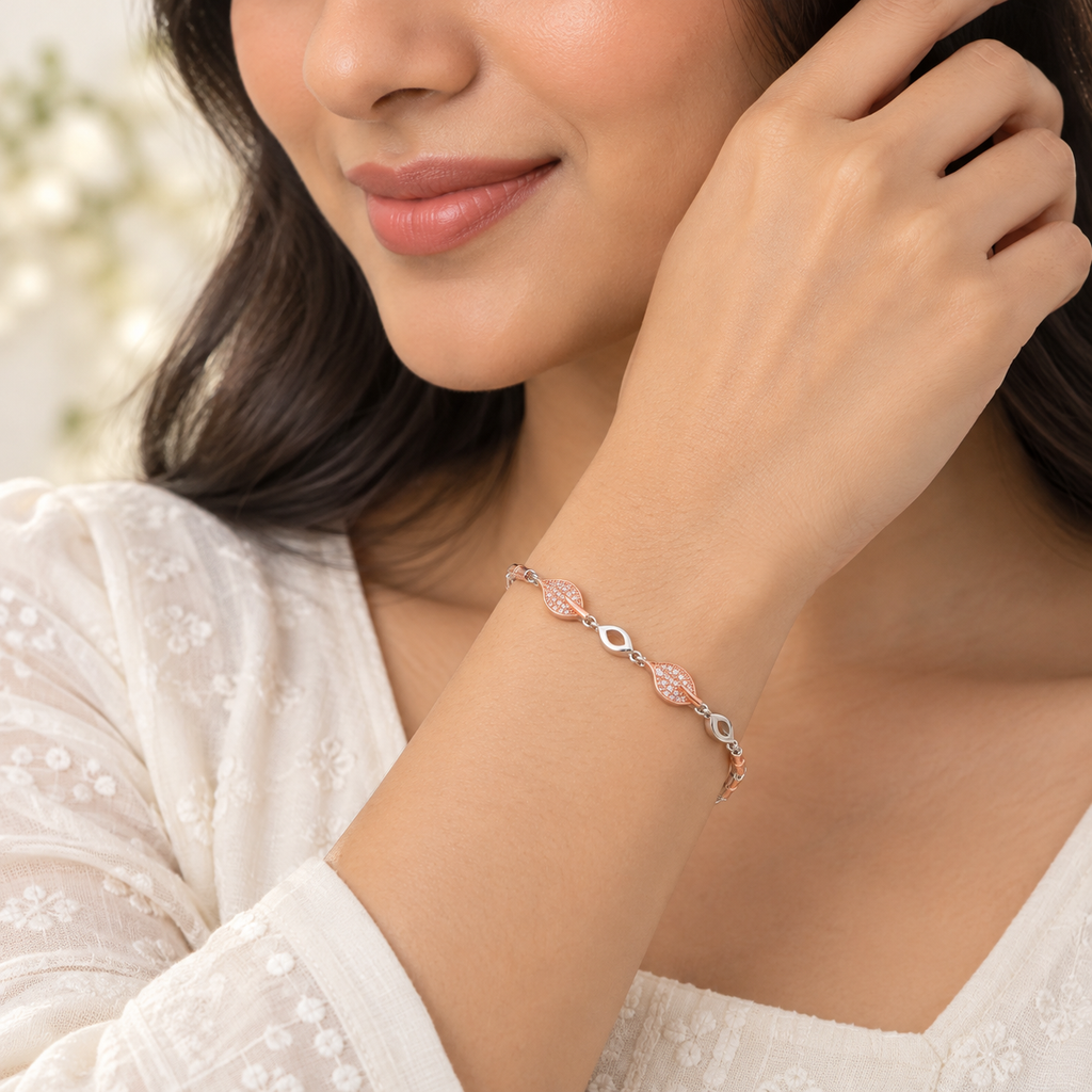 Silver Rosegold Crystal Leaf Bracelet