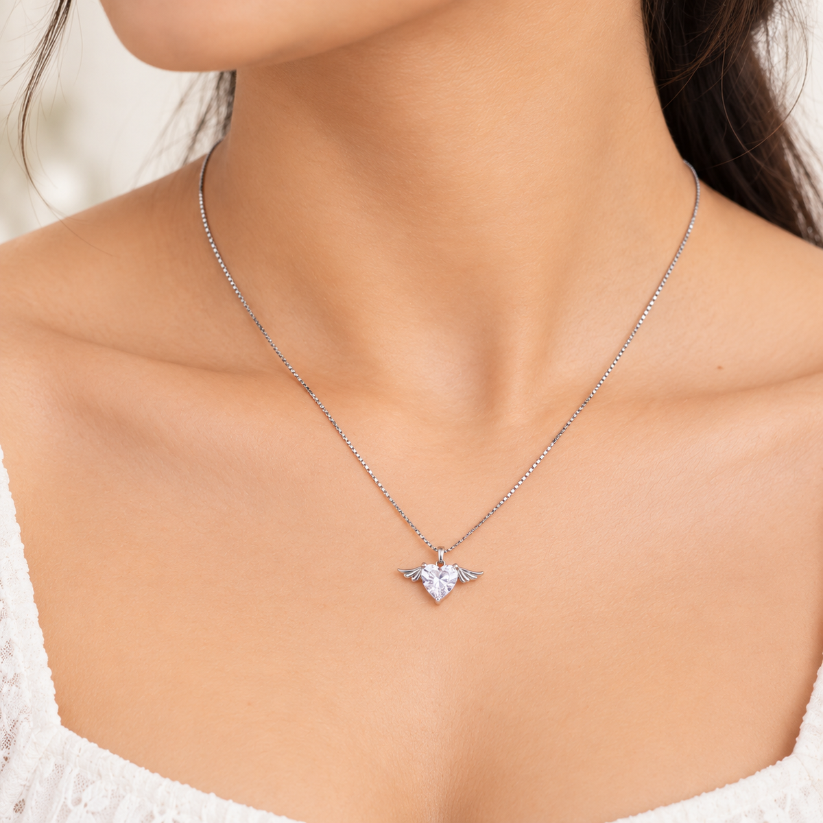 Silver Angel Wing Heart Chain Pendant