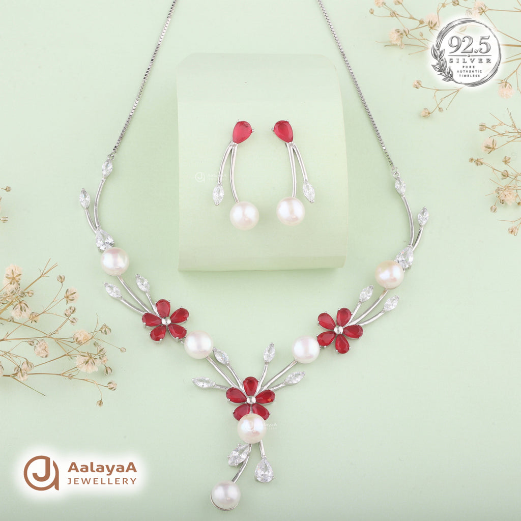 Silver Crimson Pearl Garden Necklace Set